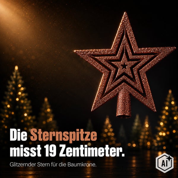 Glitzernder Weihnachtsbaumstern als Baumspitze mit neunzehn Zentimeter Höhe vor verschwommenem Weihnachtsbaumhintergrund.