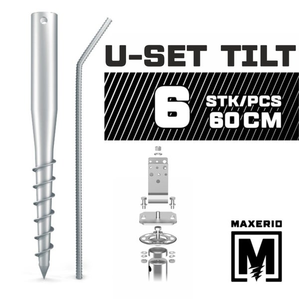 MAXERIO® 60 cm 6er U-Set TILT + 7 cm Pfostenträger für Schraubfundament Bodenhülse Erdanker Erdschraube Erdschraubenfundament Bodenanker Schraubanker Fundament für Spielturm Zaun Pfosten Pavillon