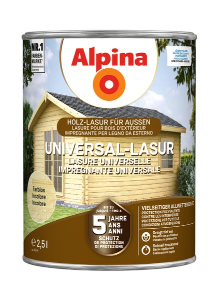 Alpina Universal Lasur farblos 2,5 Liter für den Holzschutz im Außenbereich mit 5 Jahren Schutz vor Witterungseinflüssen.