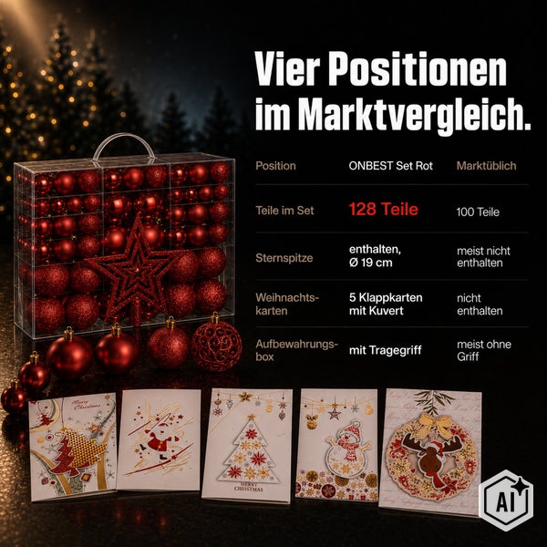 Weihnachtskugel Set mit 128 Teilen inklusive Sternspitze, Weihnachtskarten und Aufbewahrungsbox mit Tragegriff im Produktvergleich.