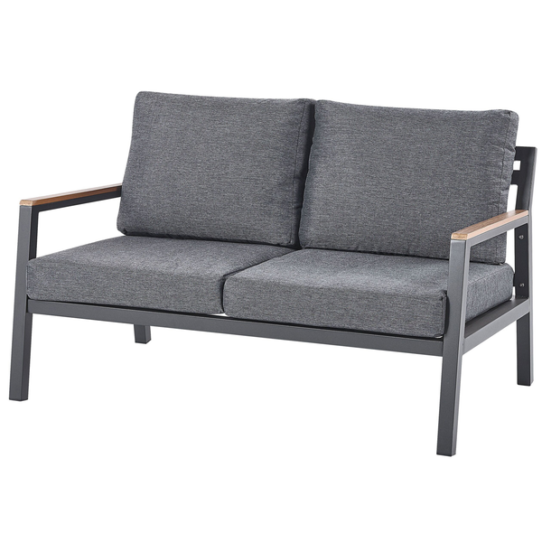 Gartensofa mit grauem Bezug und Holzarmlehnen