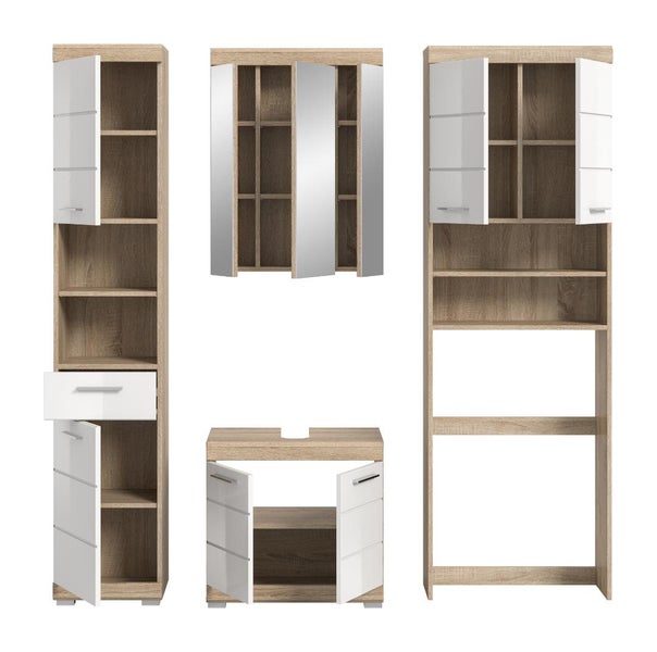 Badezimmermöbel-Set in Eichenoptik mit weißen Hochglanzfronten, bestehend aus Hochschrank, Spiegelschrank, Waschbeckenunterschrank und Überbauschrank.