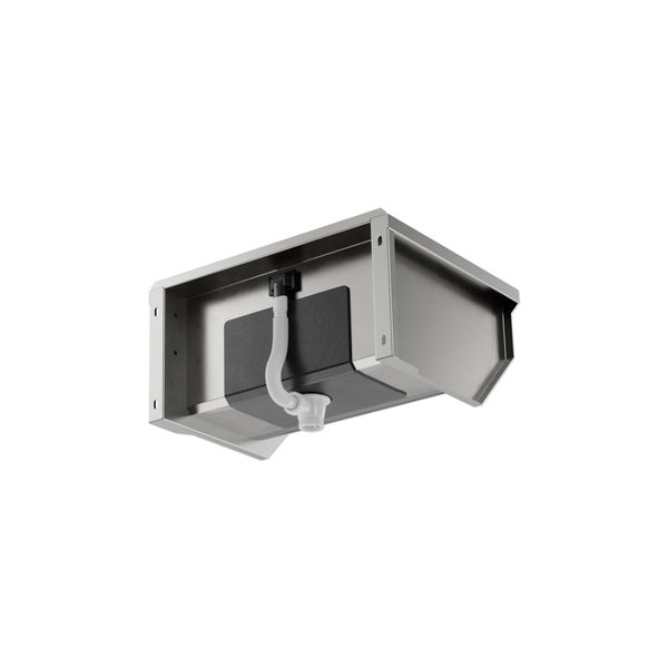 Edelstahlspüle von unten mit Siphon und Ablaufgarnitur