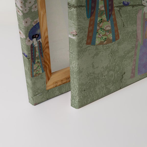 Nahaufnahme einer Leinwand mit japanischem Motiv und Holzrahmen.