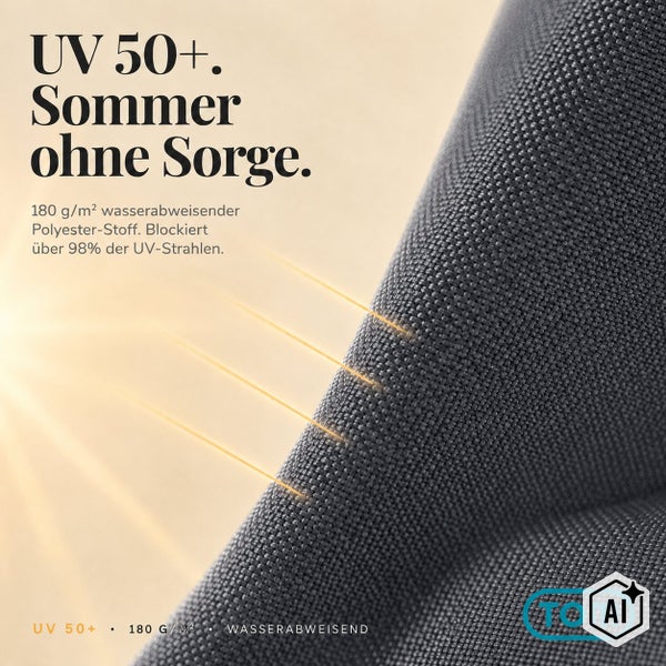 Stoff aus Polyester mit 180 Gramm pro Quadratmeter, wasserabweisend mit UV Schutz 50 plus, blockiert über 98 Prozent der ultravioletten Strahlen.