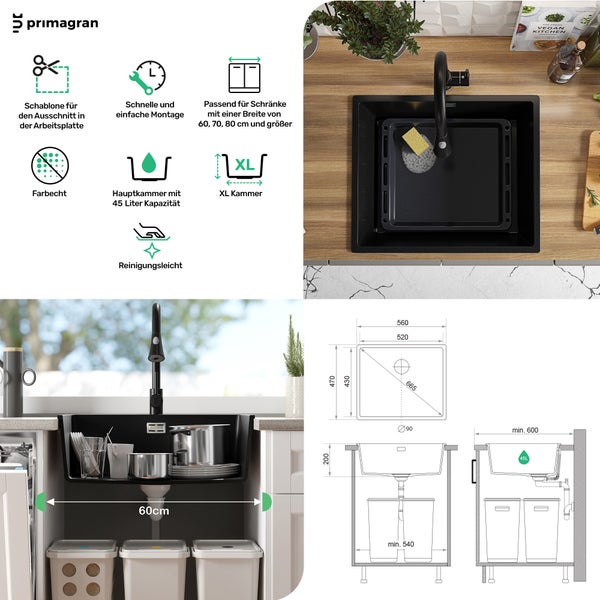 PRIMAGRAN Spülbecken Alles Schwarz 56x47cm, Granitspüle 1 Becken + Ablauf-Set, Küchenspüle ab 60er Unterschrank - London Slim