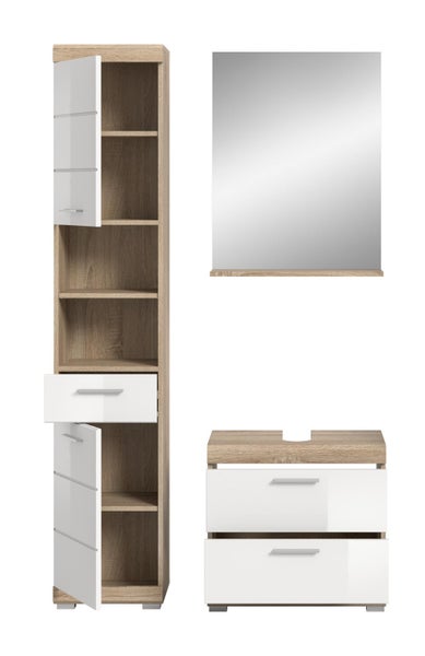 Badezimmermöbel Set bestehend aus Hochschrank, Waschbeckenunterschrank und Spiegel mit Ablage in Holzoptik und Weiß.