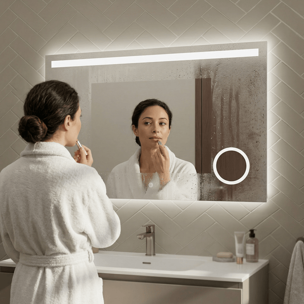 Beleuchteter Badezimmerspiegel mit Anti Beschlag Funktion und integrierter LED Beleuchtung über einem Waschbecken in modernem Badezimmer
