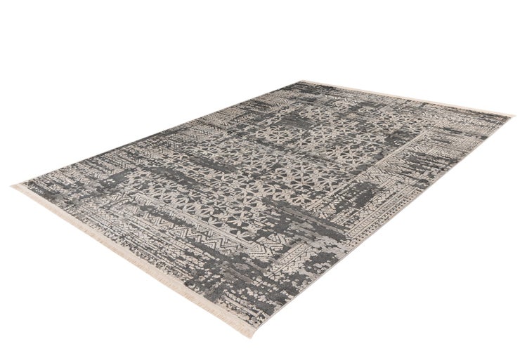Rechteckiger Teppich mit abstraktem orientalischem Muster in Grau und Weiß mit Fransen.