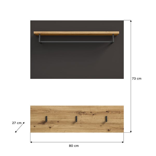 Canu Wandgarderobe 3 Haken 1 Regal Eiche Dekor. 80 X 27 X 73 cm