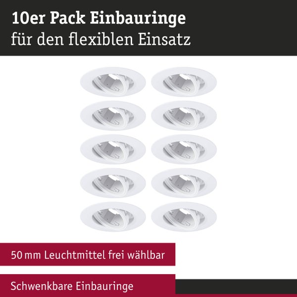 Set von zehn schwenkbaren Einbaurahmen für Einbauleuchten mit einem Durchmesser von 50 Millimetern für flexible Deckenbeleuchtung.