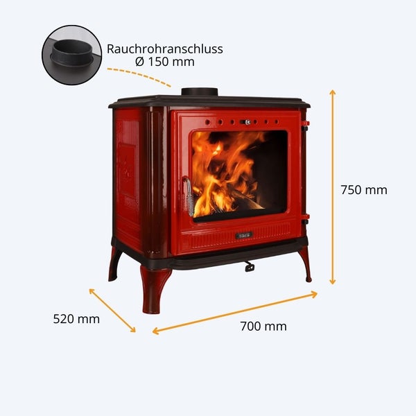 Roter Kaminofen mit Feuer, Rauchrohranschluss Durchmesser 150 Millimeter, Höhe 750 Millimeter, Breite 700 Millimeter, Tiefe 520 Millimeter.