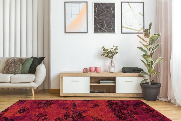 Helles, organisiertes Wohnzimmer mit rotem, gemustertem Teppich, TV-Unterschrank in Holzoptik, weißem Sofa und Zimmerpflanze.