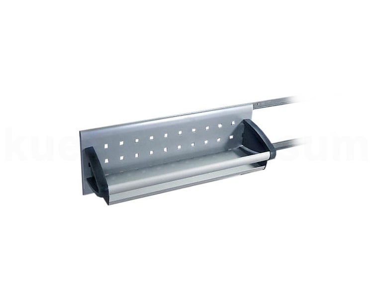 Einhängeboard für Küchen-Relingsystem aus Metall mit gelochter Rückwand und Frontreling.