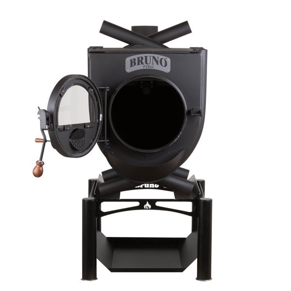 Bruno Pyron Holzofen mit offener Tür auf einem Ständer