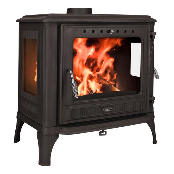 Kaminofen aus Gusseisen mit Sichtscheiben und brennendem Holzfeuer.