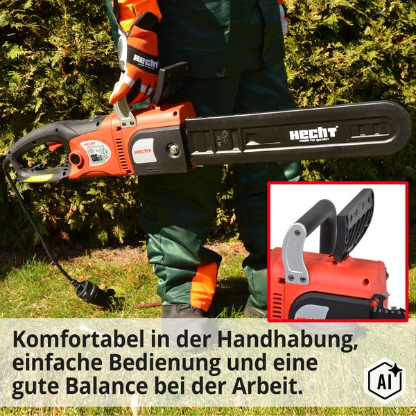 Hecht Elektro Kettensäge mit ergonomischem Griff, in einer Hand gehalten vor einer Hecke, mit Detailansicht des Handschutzes.