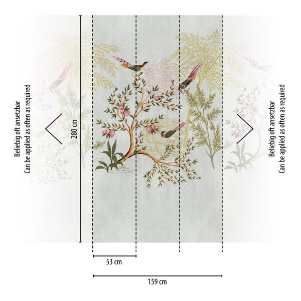 Fototapete mit Naturmotiv: Vögel auf Bäumen. Höhe 280 Zentimeter, Breite 159 Zentimeter, aufgeteilt in drei Bahnen zu je 53 Zentimeter.