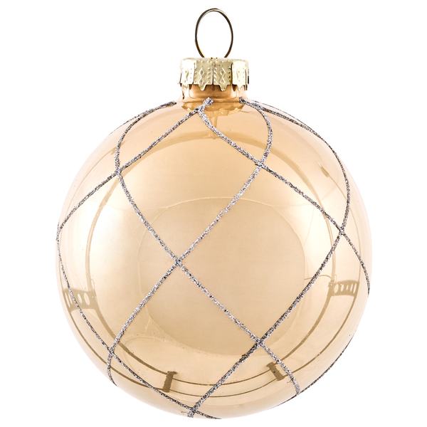 Christbaumkugel in Champagner mit silbernem Glitzer-Rautenmuster und goldfarbenem Aufhänger.