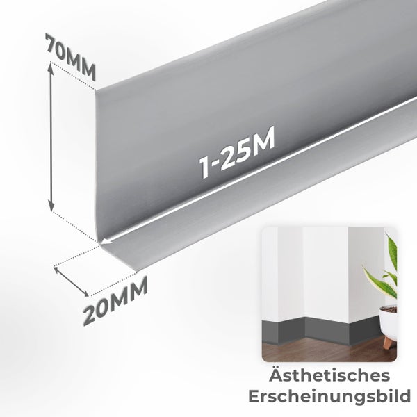 Sockelleiste aus Kunststoff mit 70 Millimeter Höhe und 20 Millimeter Tiefe zur flexiblen Wandabdeckung.