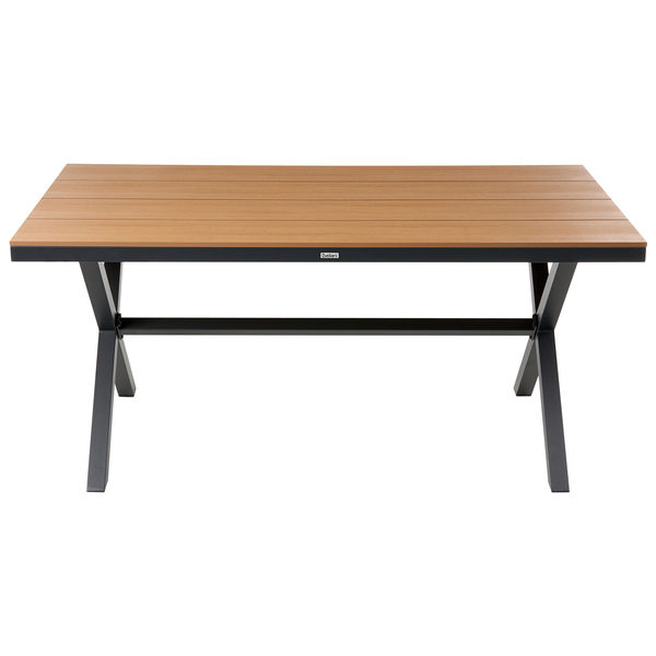 Rechteckiger Gartentisch mit einer Tischplatte in Holzoptik und einem schwarzen Metallgestell.