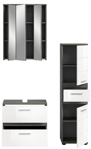 Badezimmermöbel-Set bestehend aus Spiegelschrank, Waschbeckenunterschrank und Hochschrank in Holzoptik mit weißen Fronten.