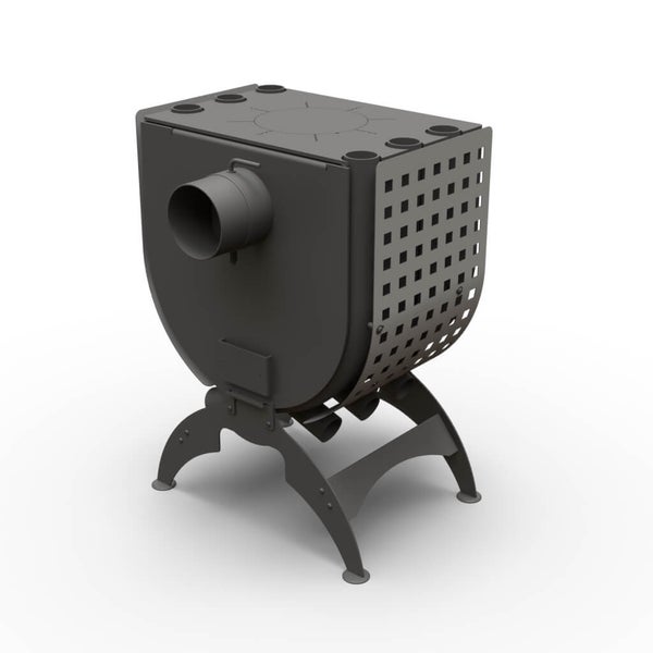 Schwarz lackierter Zeltofen aus Stahl mit Ofenrohranschluss und Lochmuster