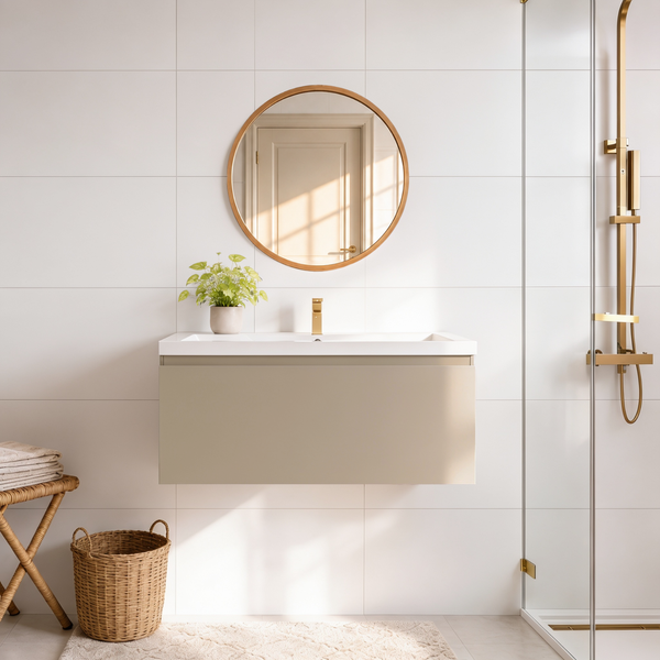 Modernes Badezimmer mit Waschtisch, rundem Spiegel, Armaturen und Duschkabine vor gefliesten Wänden in heller Gestaltung.
