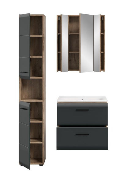 Badmöbel-Set bestehend aus Waschbeckenunterschrank mit zwei Schubladen, Spiegelschrank und Hochschrank in Eichenoptik und Anthrazit.