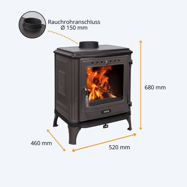 Brauner Kaminofen. Maße: Höhe 680 Millimeter, Breite 520 Millimeter, Tiefe 460 Millimeter. Rauchrohranschluss: Durchmesser 150 Millimeter.