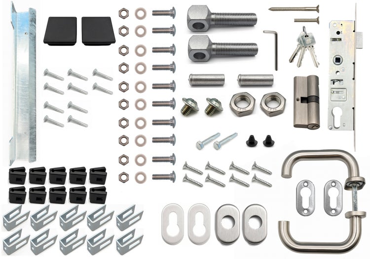 Komplettes Set für die Montage eines Gartentors inklusive Torriegel, Schrauben, Muttern, Schlüssel und Beschlägen