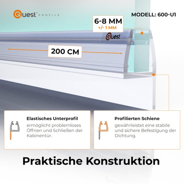 Duschdichtung Quest Profil Modell 600 U1 fuer 6 bis 8 Millimeter Glasstaerke und 200 Zentimeter Laenge mit elastischem Unterprofil.