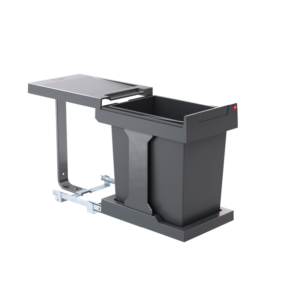 Hailo Einbau-Abfalltrennsystem mit einem anthrazitfarbenen Kunststoffeimer und ausziehbaren Metallschienen.
