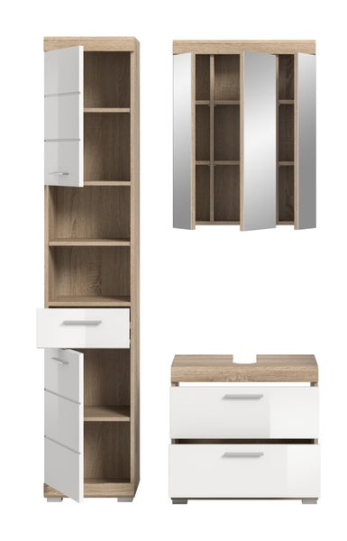 Badezimmermöbel-Set bestehend aus Hochschrank, dreitürigem Spiegelschrank und Waschbeckenunterschrank in Eichenoptik mit weißen Hochglanzfronten.