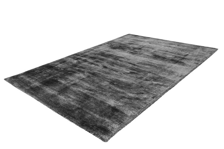 Moderner rechteckiger Teppich mit marmoriertem Muster in Grautönen und Glanzeffekt.