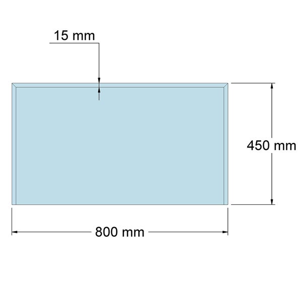 Maßskizze eines rechteckigen Spiegels mit Breite 800 Millimeter, Höhe 450 Millimeter und 15 Millimeter Facettenrand.