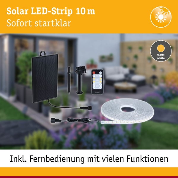 Produktübersicht Paulmann Solar LED Lichtschlauch für den Außenbereich mit technischen Details und Informationen zu Schutzklassen und Akku.