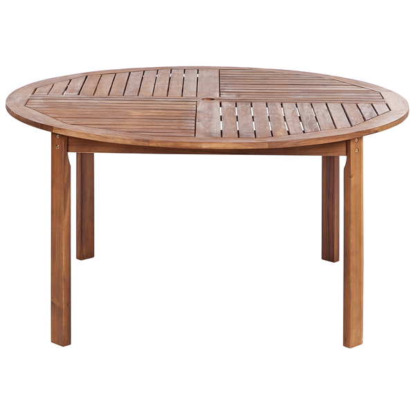 Runder Gartentisch aus Holz mit Lamellenmuster
