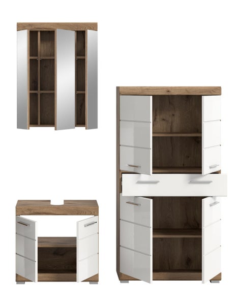 Dreiteiliges Badmöbel-Set bestehend aus Spiegelschrank, Waschbeckenunterschrank und Hochschrank in Holzoptik und Weiß.