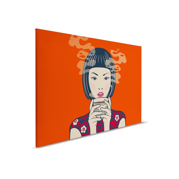 Leinwandbild mit einer Frau, die eine Tasse in den Händen hält