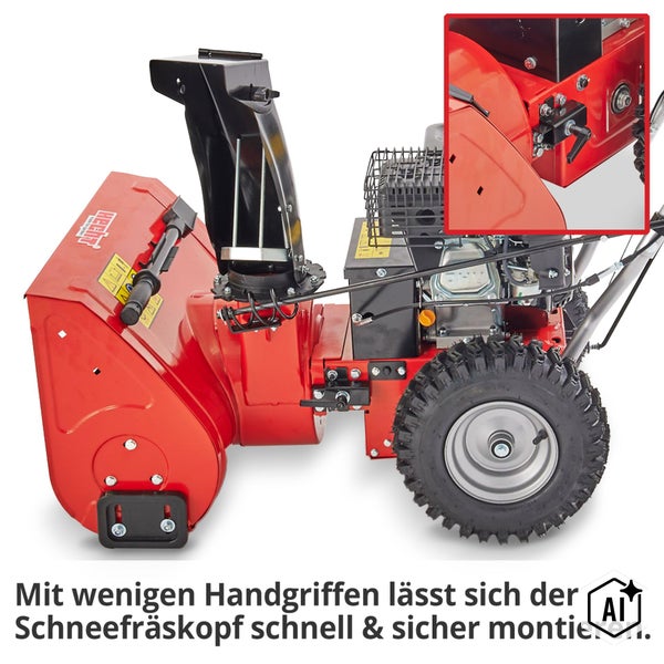 Hecht Schneefräskopf für Motorgerät mit Detailansicht der Schnellwechselvorrichtung für eine einfache Montage.