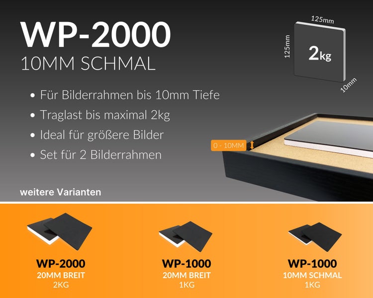 WP-2000 Bilderrahmenaufhänger Set 10 mm schmal für Bilderrahmen bis 10 mm Tiefe, Traglast bis maximal 2 kg, Set für 2 Bilderrahmen