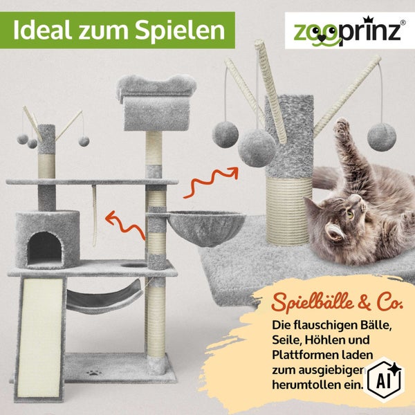 Zooprinz Kratzbaum mit Spielelementen wie Bällen, Seilen, Höhle und Liegemulde für Katzen zum Klettern und Spielen.