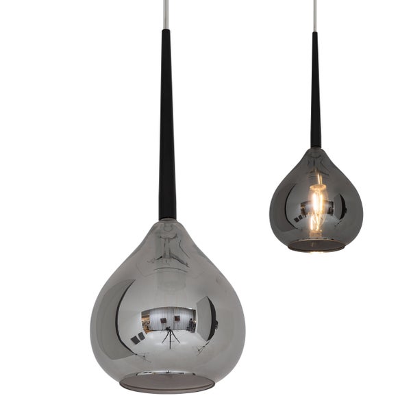 Zwei graue Pendelleuchten mit tropfenförmigem Design.