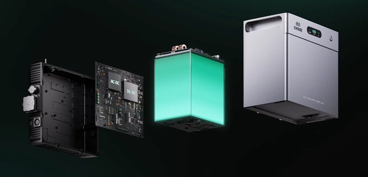 Explosionszeichnung des Zendure SolarFlow 2400 AC Plus Balkonkraftwerk Speichers mit Gehäuse, Platine und Batterieeinheit.