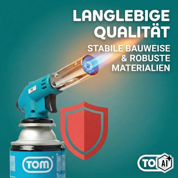 TOM Gasloetgeraet mit Kartusche und brennender Flamme sowie Symbol fuer langlebige Qualitaet und robuste Materialien.
