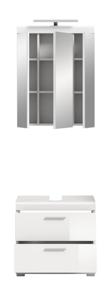 Weißes Badezimmermöbel-Set bestehend aus einem Spiegelschrank mit Beleuchtung und einem Waschbeckenunterschrank mit zwei Schubladen.
