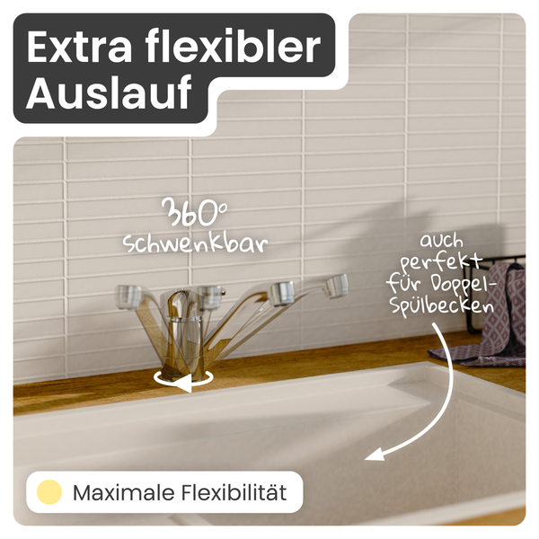 Spültischarmatur mit flexiblem Auslauf und 360 Grad Schwenkbereich, geeignet für Doppelspülbecken