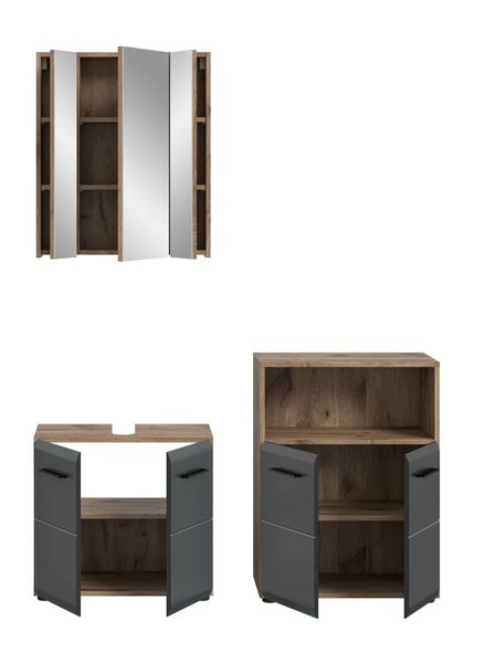 Badezimmermöbel-Set bestehend aus Spiegelschrank, Waschbeckenunterschrank und Midischrank in Eiche-Optik und Anthrazit.