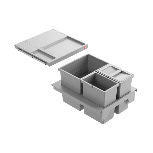 Ausziehbares Abfalltrennsystem aus grauem Kunststoff für Küchenschränke mit mehreren Behältern und einer Systemabdeckung. Hailo Logo.